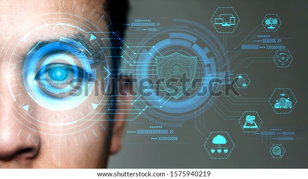 Future cyber security data
protection by biometrics scanning with human eye to unlock and give
access to private digital data. Futuristic technology innovation
concept.