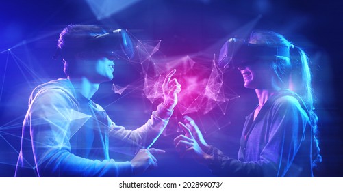 Future digital technology cyber virtual game entertainment metaverse, Teenager having fun play game VR virtual reality goggle, sport game 3D cyber space futuristic metaverse NFT game background, 