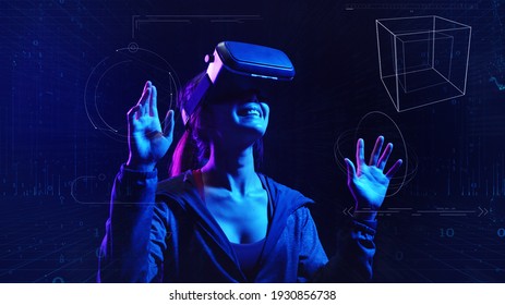 Future digital technology metaverse game and entertainment, Teenager having fun play VR virtual reality goggle, sport game 3D cyber space futuristic neon colorful background, 