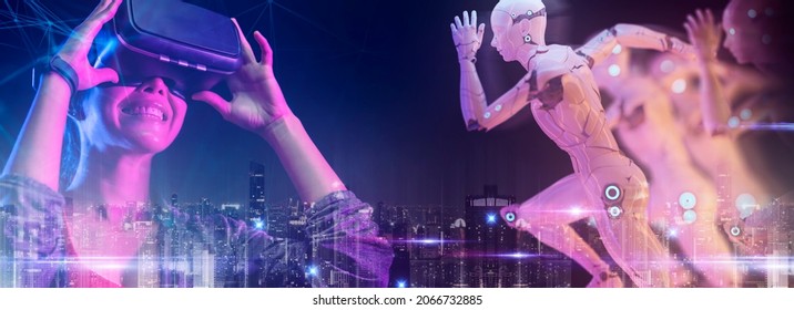 Future digital technology metaverse game and entertainment, Teenager having fun play VR virtual reality avatar, sport game 3D robot in cyber space metaverse futuristic neon colorful background, 