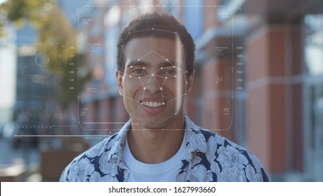 Future. Face Detection. Technological 3d Scanning. Biometric Facial Recognition. Face Id. Technological Scanning of the Face of Handsome Young African American for Facial Recognition. Shoted by Arri