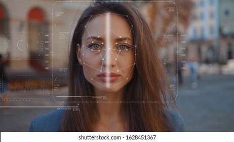 Future. Face Detection. Technological 3d Scanning. Biometric Facial Recognition. Face Id. Technological Scanning Of The Face Of Beautiful Caucasian Woman In The City For Facial Recognition. Shoted By - Powered by Shutterstock