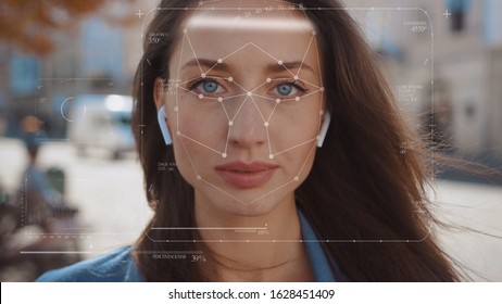 Future. Face Detection. Technological 3d Scanning. Biometric Facial Recognition. Face Id. Technological Scanning Of The Face Of Beautiful Caucasian Woman In The City For Facial Recognition. Shoted By
