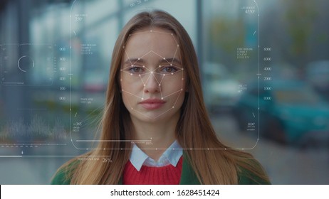 Future. Face Detection. Technological 3d Scanning. Biometric Facial Recognition. Face Id. Technological Scanning Of The Face Of Beautiful Caucasian Woman In The City For Facial Recognition. Shoted By