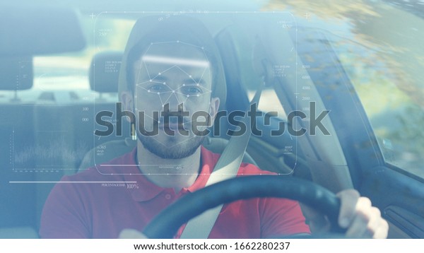 Future. Face Detection. Technological 3d Scanning.\
Biometric Facial Recognition. Face Id. Technological Scanning of\
the Face of Handsome Caucasian Man In The Car for Facial\
Recognition. 