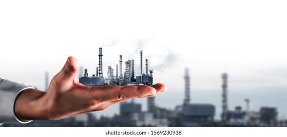 Future Factory Plant And Energy Industry Concept In Creative Graphic Design. Oil, Gas And Petrochemical Refinery Factory With Double Exposure Arts Showing Next Generation Of Power And Energy Business.