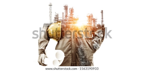 Future factory plant and energy industry
concept in creative graphic design. Oil, gas and petrochemical
refinery factory with double exposure arts showing next generation
of power and energy
business.