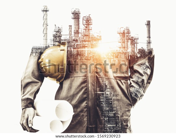 Future factory plant and energy industry\
concept in creative graphic design. Oil, gas and petrochemical\
refinery factory with double exposure arts showing next generation\
of power and energy\
business.