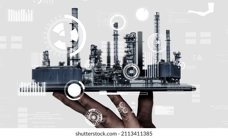 Future factory plant and inventive energy industry concept in creative graphic design. Oil, gas and petrochemical refinery factory with hologram showing next generation of power and energy business.