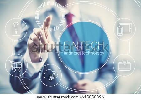 Future of financial technology concept businessman selecting fintech word