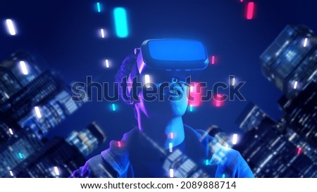 Future game and entertainment digital technology. Teenager having fun play VR virtual reality glasses sport game metaverse NFT game 3D cyber space futuristic neon colorful smart city background.