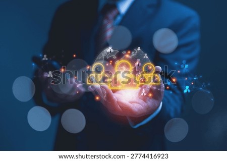The Future of Human Resources, Global Talent Acquisition, Virtual Recruitment, and Networking. A manager in HR holds a glowing, digital representation of a workforce and data in modern HR management.