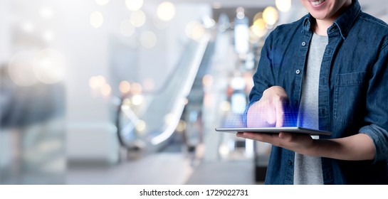 Future Lifestyle Man With Tablet Mobile, Digital Marketing IOT Internet Of Thing Future AI Technology Smart Device Tablet System, Man Using Tablet Surfing Internet With Futuristic Background