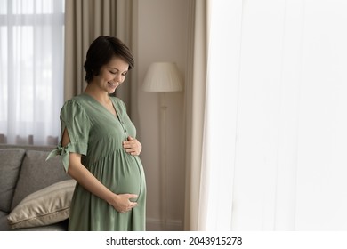 Future mom. Loving expectant mother in fashionable dress for pregnant stand by window caressing baby bump looking on nine month tummy. Beautiful woman waiting for child hold palms on belly. Copy space - Powered by Shutterstock