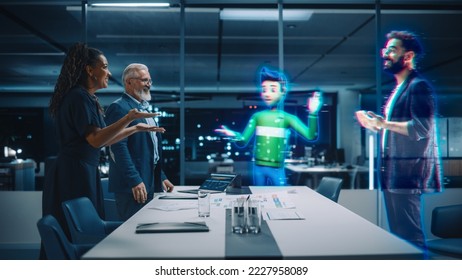 Future Office Online Meeting Video Conference Call: Businesspeople Connect to Augmented Reality Metaverse, Talk to Digital Entrepreneur. Hologram Avatar of Virtual Asisstant and Colleague Concept. - Shutterstock ID 2227958089