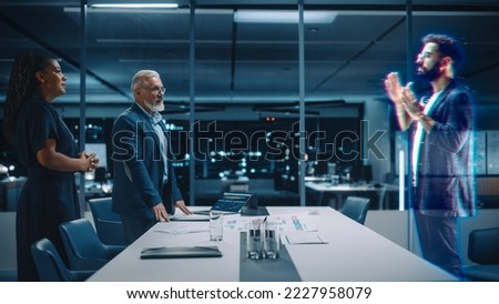 Future Office Online Meeting Video Conference Call: Businesspeople Connect to Augmented Reality Metaverse, Talk to Digital Entrepreneur. e-Business For Virtual Remote Work. Hologram Simulation.