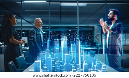Future Office Online Meeting Video Conference Call: Businesspeople Connect to Augmented Reality Metaverse, Talk to Real Estate Entrepreneur About Megapolis Project. Hologram Concept Simulation.