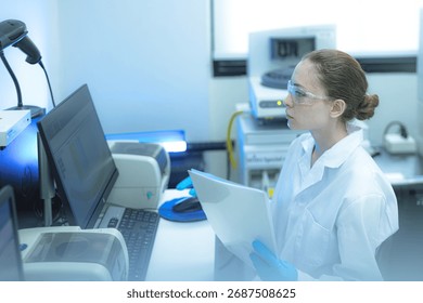 In a future paperless lab a data scientist provides final human oversight as an AI system automatically audits and validates data integrity between instruments and a blockchain ledger.