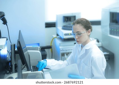 In a future paperless lab a data scientist provides final human oversight as an AI system automatically audits and validates data integrity between instruments and a blockchain ledger.