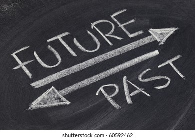 future and past concept - white chalk handwriting and drawing on blackboard