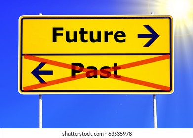 future and past concept with yellow road sign