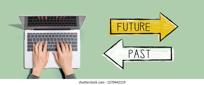 Future past and person using laptop computer