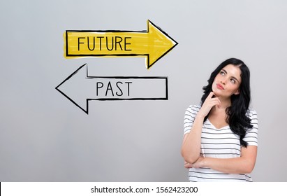 Future or past with young woman in a thoughtful face