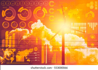 future of power and technology, wind turbine with business information mix media overlay - Powered by Shutterstock