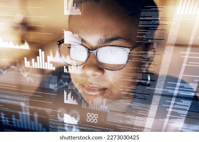 Future screen, statistics and night woman reading data analysis of fintech insight hud, administration or bank accounting. Financial analyst, face overlay and African accountant review business chart - Powered by Shutterstock