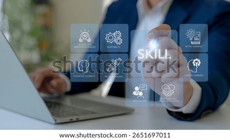 Future Skills Concept. Interfacing future skills such as critical thinking, adaptability, emotional and social intelligence and creative innovation. Digital transformation, reskilling and upskilling.
