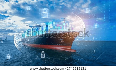 Future Supply Chain cyber security container smart port. Ocean Carriers, Freight marine cargo ship AI technology logistics tracking digital automation freight networks. Big Data risk mitigation