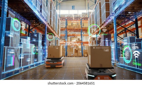 Future Technology 3D Concept: Automated Retail Warehouse AGV Robots with Infographics Delivering Cardboard Boxes in Distribution Logistics Center. Automated Guided Vehicles Goods, Products, Packages - Shutterstock ID 2064581651