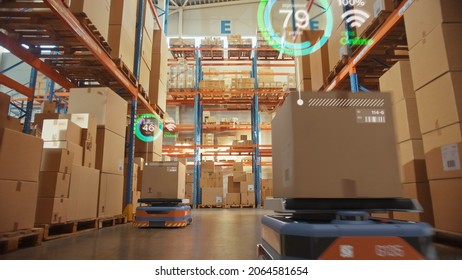 Future Technology 3D Concept: Automated Retail Warehouse AGV Robots With Infographics Delivering Cardboard Boxes In Distribution Logistics Center. Automated Guided Vehicles Goods, Products, Packages