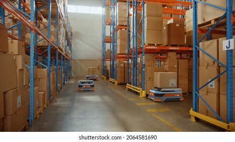 Future Technology 3D Concept: Automated Modern Retail Warehouse AGV Robots Transporting Cardboard Boxes In Distribution Logistics Center. Automated Guided Vehicles Delivering Goods, Products, Packages