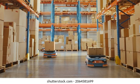 Future Technology 3D Concept: Automated Modern Retail Warehouse AGV Robots Transporting Cardboard Boxes In Distribution Logistics Center. Automated Guided Vehicles Delivering Goods, Products, Packages