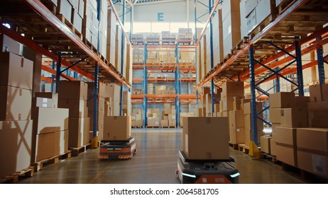 Future Technology 3D Concept: Automated Retail Warehouse AGV Robots With Infographics Delivering Cardboard Boxes In Distribution Logistics Center. Automated Guided Vehicles Goods, Products, Packages