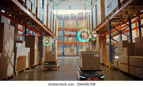 Future Technology 3D Concept: Automated Retail Warehouse AGV Robots With Infographics Delivering Cardboard Boxes In Distribution Logistics Center. Automated Guided Vehicles Goods, Products, Packages