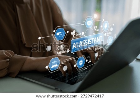 Future of Technology with AI Assistant Concept, Smart Devices, and Digital Interfaces on Laptop in Modern Workspace Environment. Tessel.