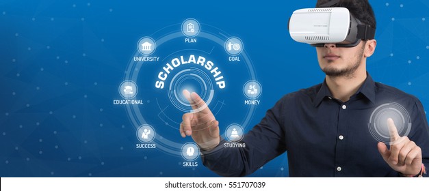 Future Technology and Business Concept: The Man with Glasses of Virtual Reality and touching SCHOLARSHIP icon set