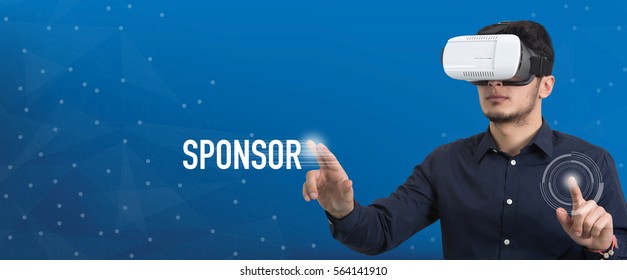 Future Technology And Business Concept: The Man With Glasses Of Virtual Reality And Touching SPONSOR Button