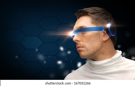 Future Technology Concept - Handsome Man With Futuristic Glasses