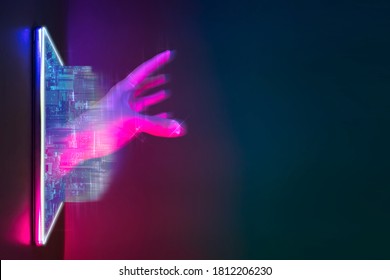 Future technology cyberpunk neon color concept. Mobile phone with city and artificial intelligence hand hologram for digital technology. Background copy space on right side.