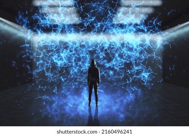 Future technology and cyberspace concept with back view on human silhouette in front of abstract digital metaverse screen on dark background with glowing lamps on top