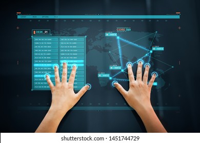 future technology and identification concept - hand scanning on interactive panel touch screen for data access