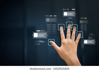 future technology and identification concept - hand scanning on interactive panel touch screen for data access