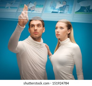 future technology, internet and networking concept - man and woman working with virtual screen