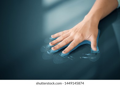 future technology, security and identification concept - hand using interactive panel touch screen with fingerprint scanning system