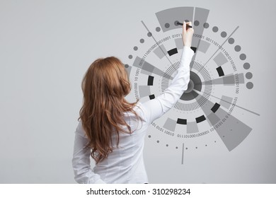 Future technology. Touch button interface. Woman working with futuristic interface 