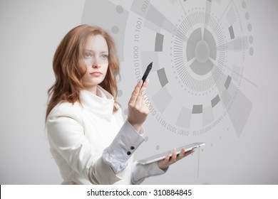 Future Technology. Touch Button Interface. Woman Working With Futuristic Interface 