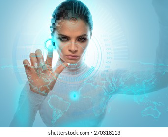 Future technology Virtual Holographic interface. Hi-tech Girl touching screen. Business Young lady working with virtual Graphics in futuristic office.